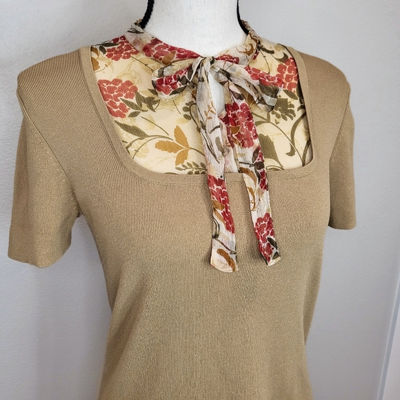 Modern Images Tan Botanical Neck-Tie Blouse - Picture 2 of 7